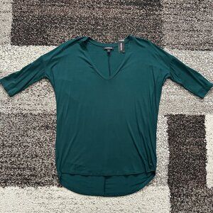 EXPRESS (S) Dark Teal Green V-Neck 3/4 Sleeve London Tee Blouse Relaxed Hi-Lo